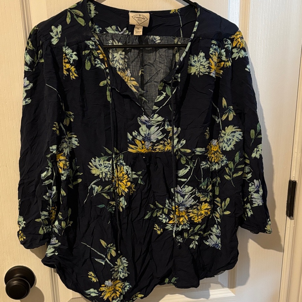 St. John's Bay Navy Blouse with Yellow and Green Floral Design